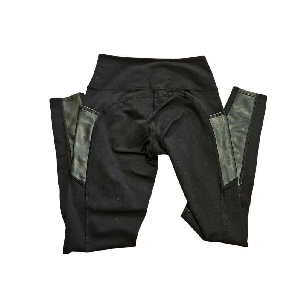 Athleta Womens XS Black Faux Leather Panel High Rise Leggings Side Pockets Moto